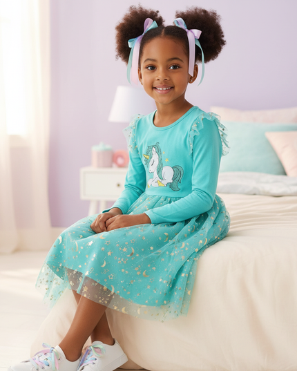 teal unicorn star moon dress - sitting