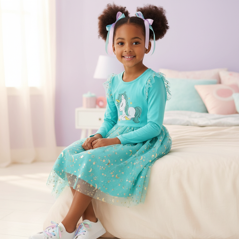 teal unicorn star moon dress - sitting