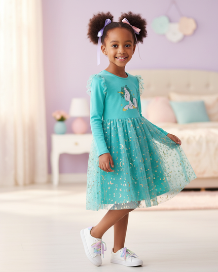 teal unicorn star moon dress - three-quarter