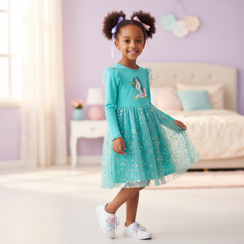 teal unicorn star moon dress - three-quarter