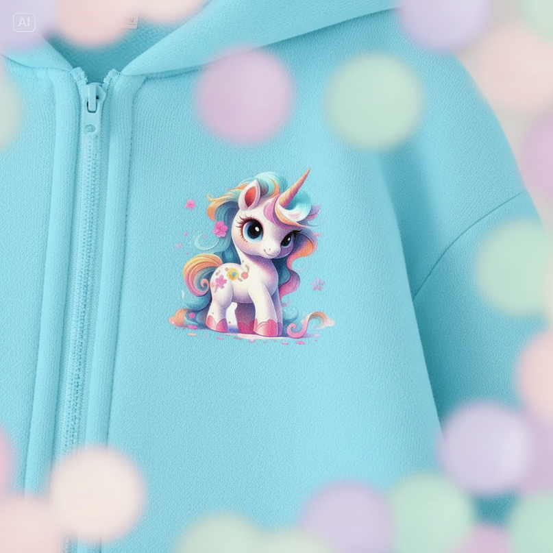 teal unicorn zip hoodie - detail