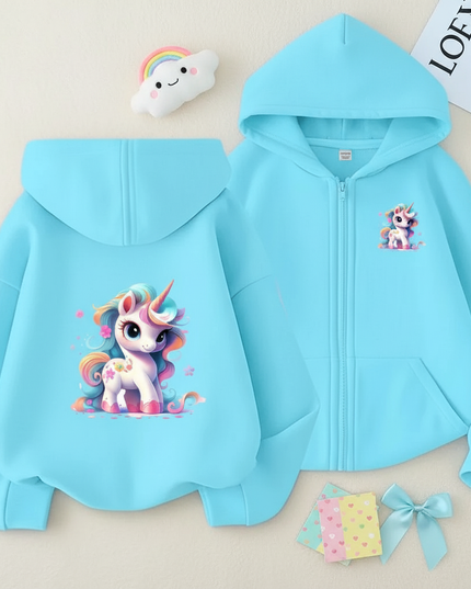 teal unicorn zip hoodie - flat-lay