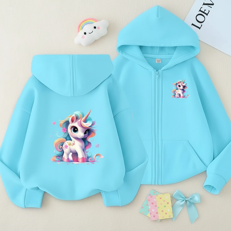 teal unicorn zip hoodie - flat-lay