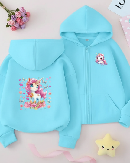 teal unicorn zip hoodie girls - flat-lay