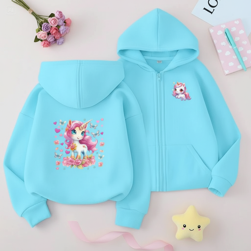 teal unicorn zip hoodie girls - flat-lay