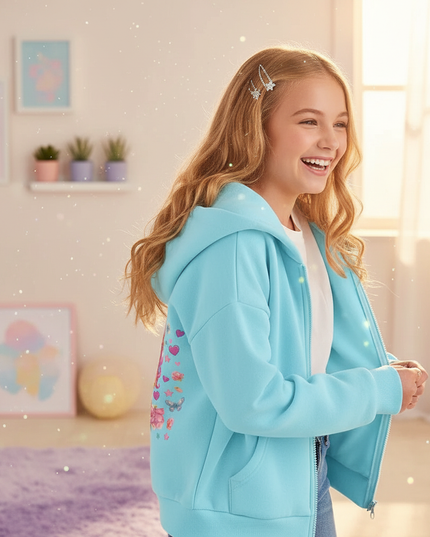 teal unicorn zip hoodie girls - in-use