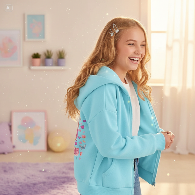 teal unicorn zip hoodie girls - in-use