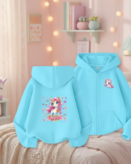 teal unicorn zip hoodie girls - lifestyle