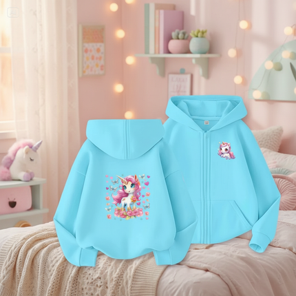 teal unicorn zip hoodie girls - lifestyle