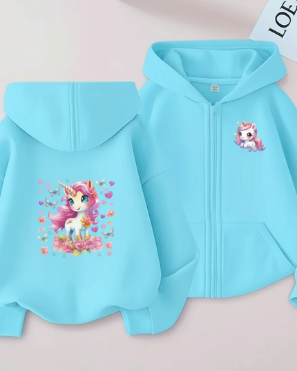 teal unicorn zip hoodie girls - white-bg