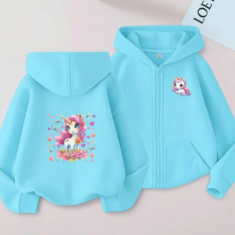 teal unicorn zip hoodie girls - white-bg