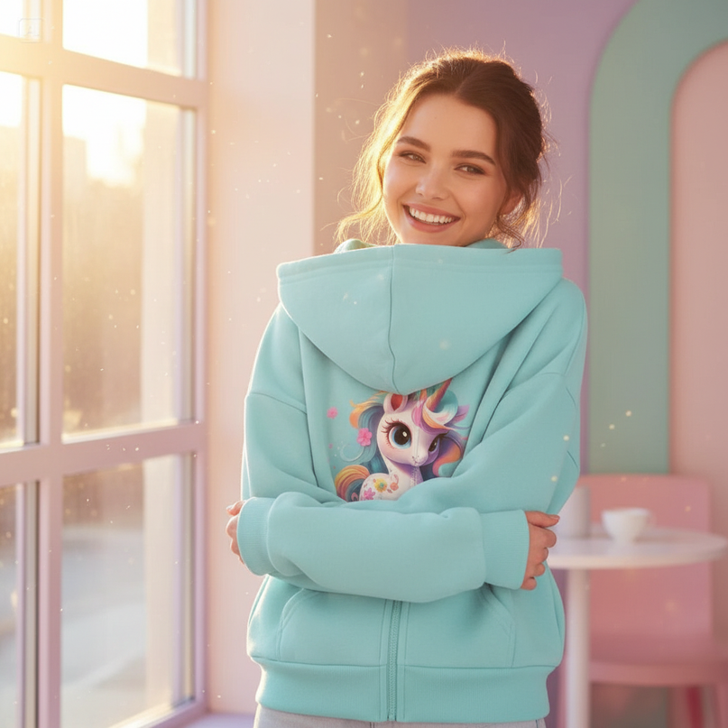 teal unicorn zip hoodie - in-use