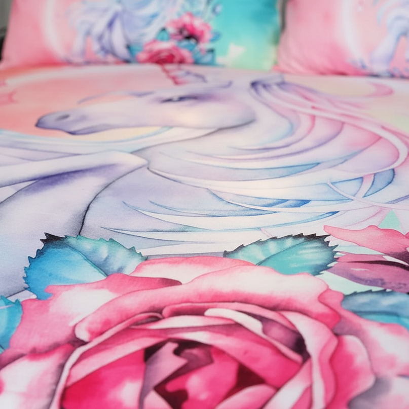 teal watercolor portrait unicorn bedding - detail