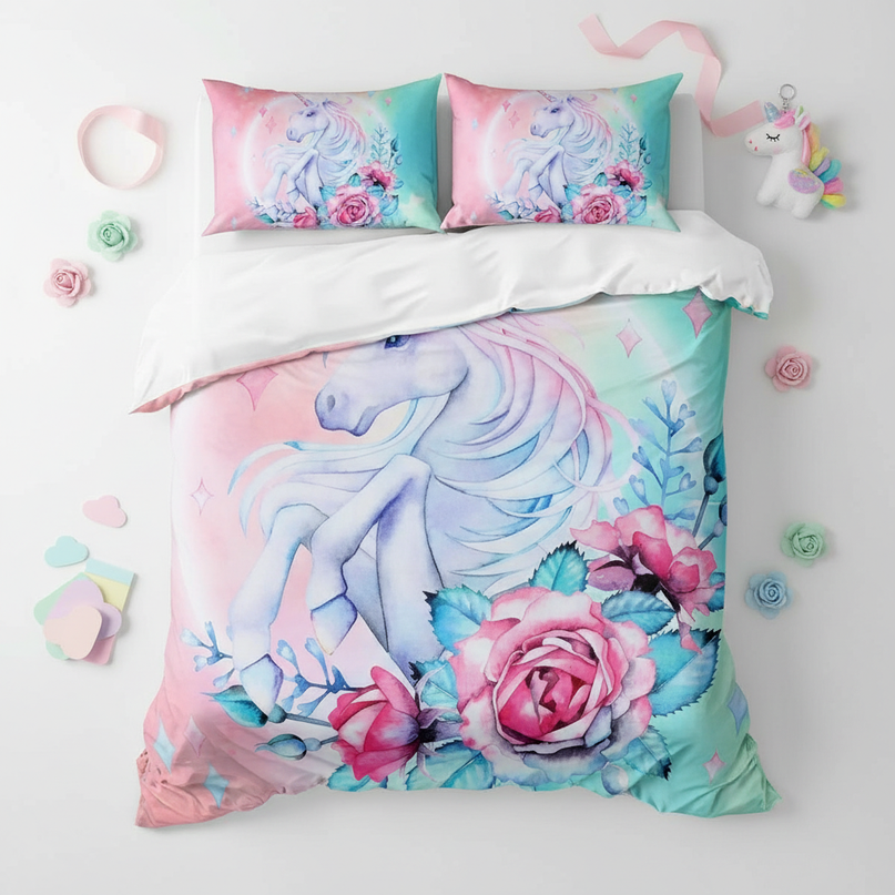 teal watercolor portrait unicorn bedding - flat-lay