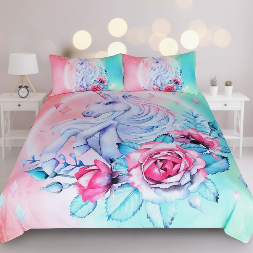teal watercolor portrait unicorn bedding - lifestyle
