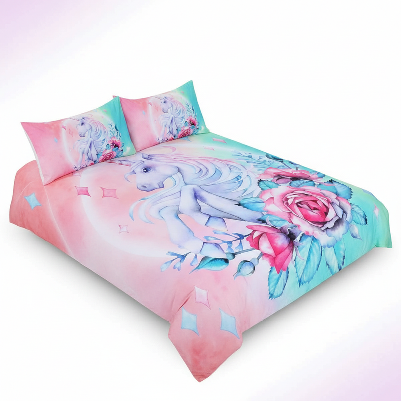 teal watercolor portrait unicorn bedding - white-bg