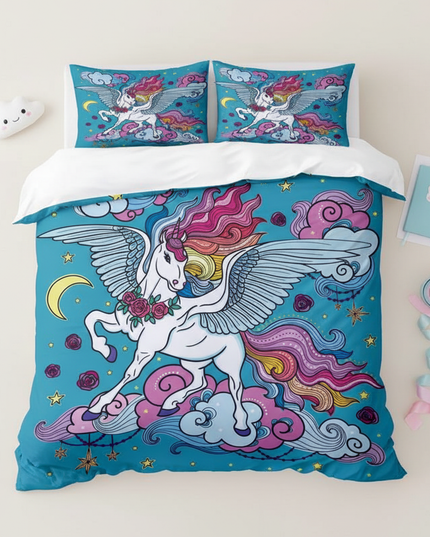 teal winged cloud unicorn bedding - flat-lay