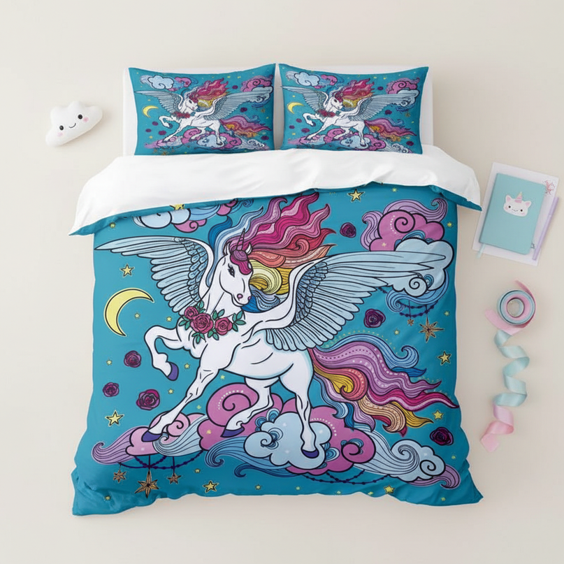 teal winged cloud unicorn bedding - flat-lay