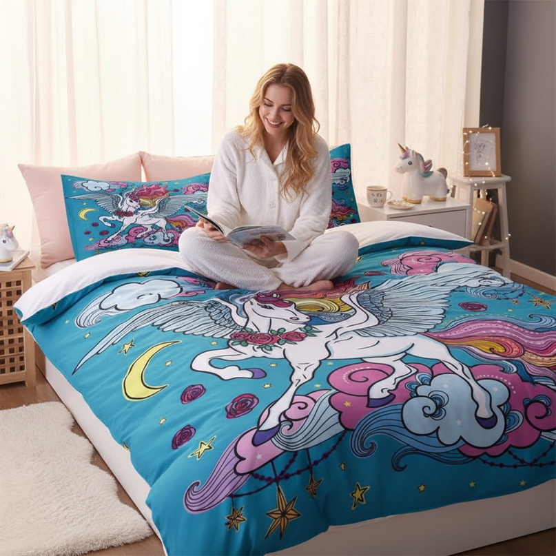 teal winged cloud unicorn bedding - in-use