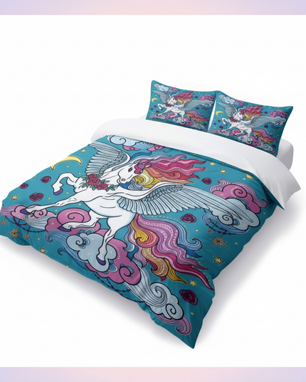 teal winged cloud unicorn bedding - white-bg