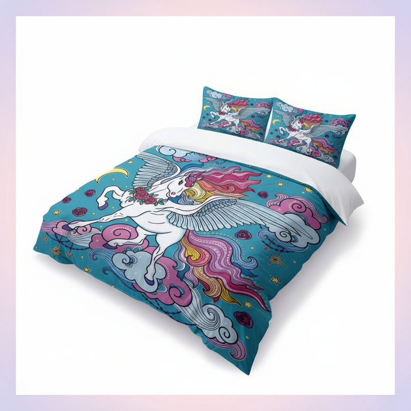 teal winged cloud unicorn bedding - white-bg