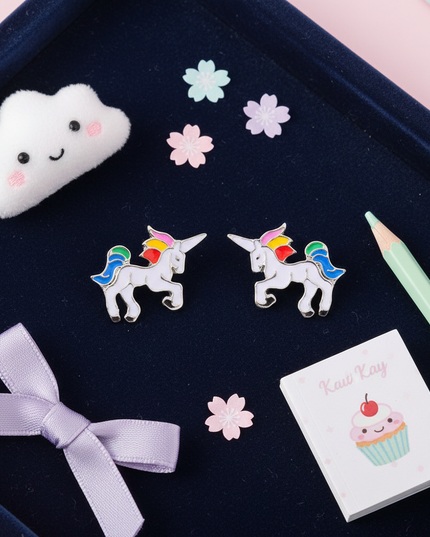 tiny unicorn earrings - flat-lay