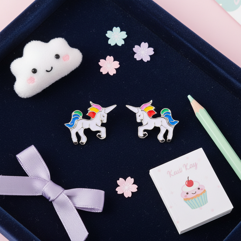 tiny unicorn earrings - flat-lay