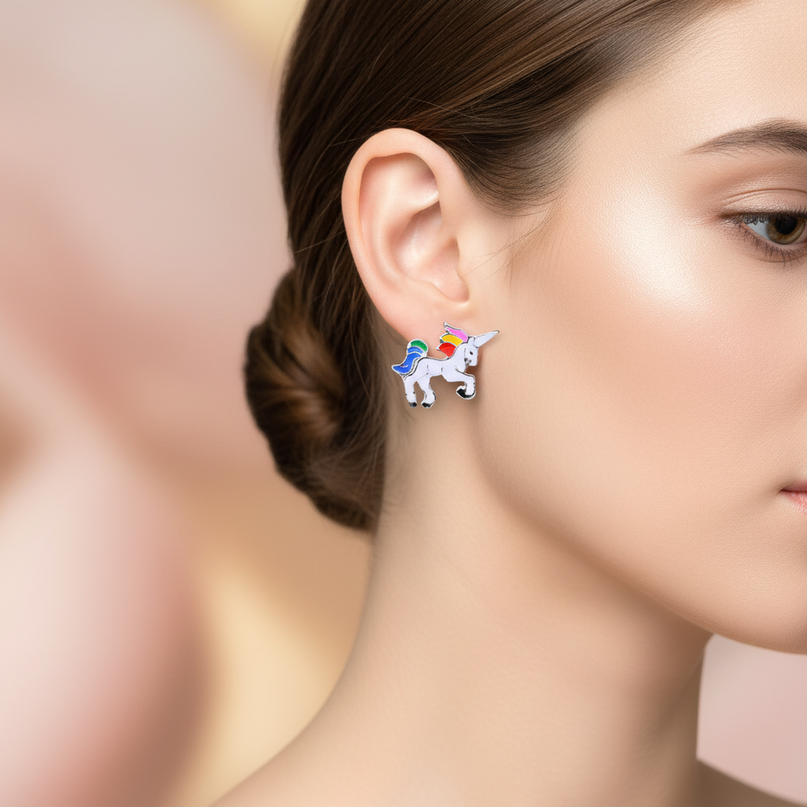 tiny unicorn earrings - in-use