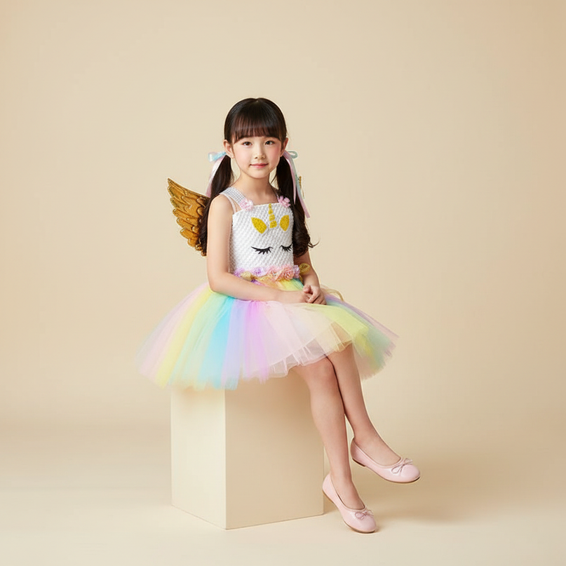 toddler girl unicorn dress rainbow tutu - sitting
