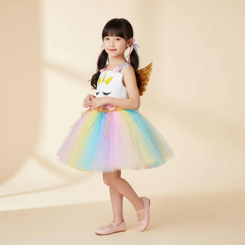 toddler girl unicorn dress rainbow tutu - three-quarter