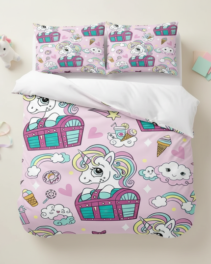treasure chest candy unicorn bedding - flat-lay
