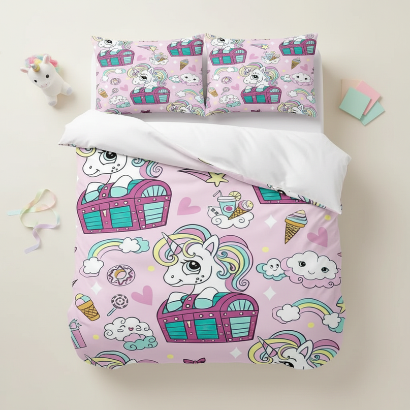 treasure chest candy unicorn bedding - flat-lay