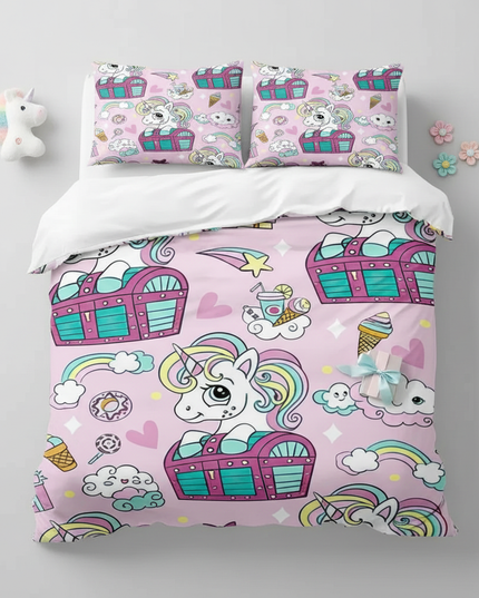 treasure chest unicorn bedding - flat-lay
