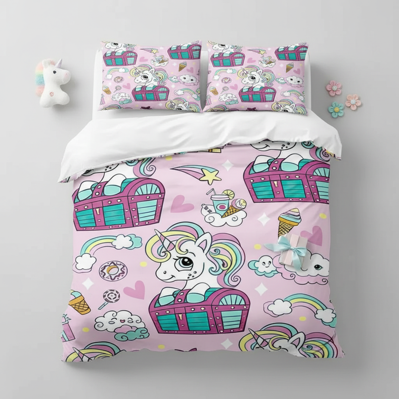 treasure chest unicorn bedding - flat-lay