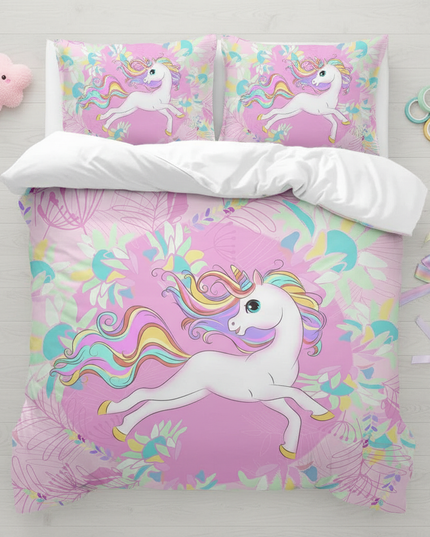tropical unicorn bedding - flat-lay