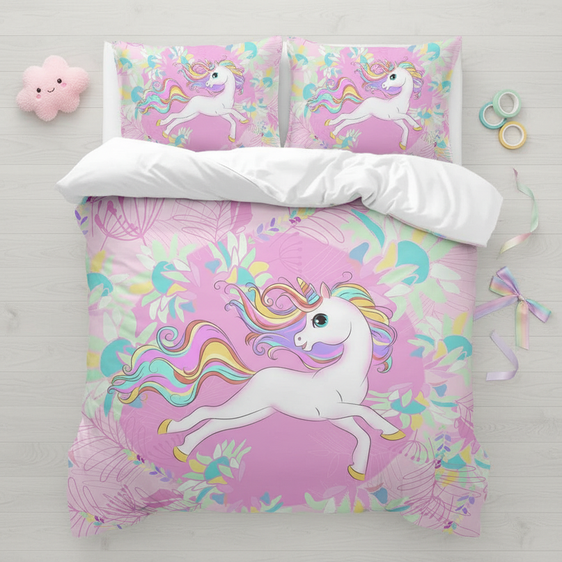 tropical unicorn bedding - flat-lay