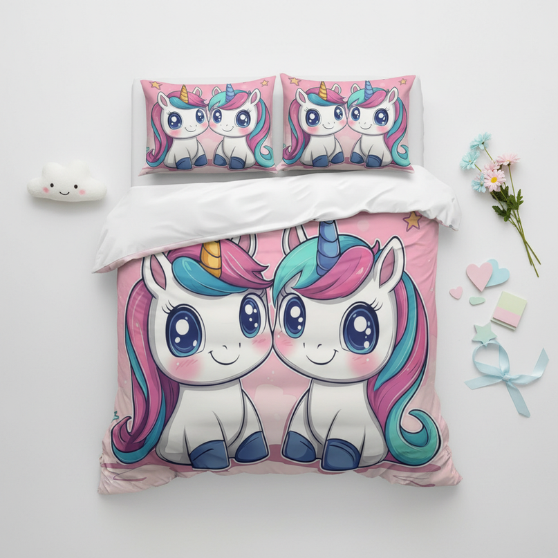 twin chibi unicorn bedding - flat-lay