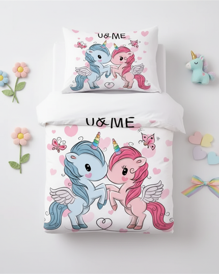 twin couple love unicorn bedding - flat-lay