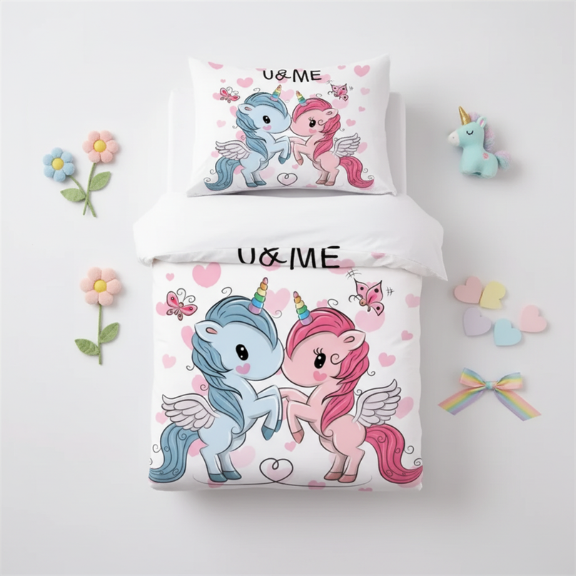 twin couple love unicorn bedding - flat-lay
