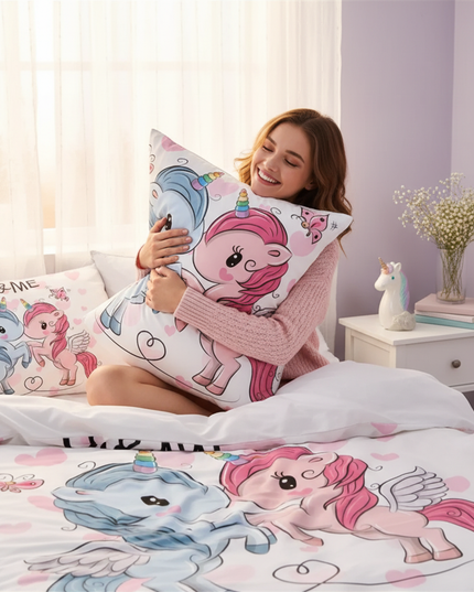 twin couple love unicorn bedding - in-use