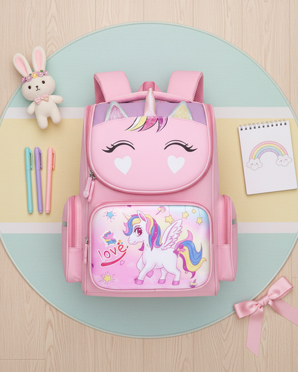 unicorn 3d school backpack small pink - flat-lay