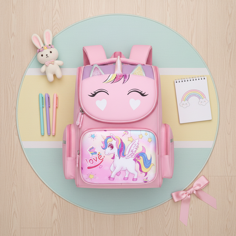 unicorn 3d school backpack small pink - flat-lay
