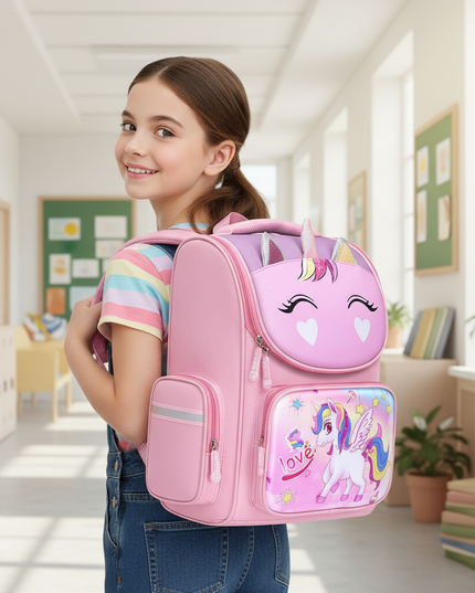 unicorn 3d school backpack small pink - in-use