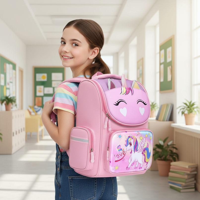 unicorn 3d school backpack small pink - in-use