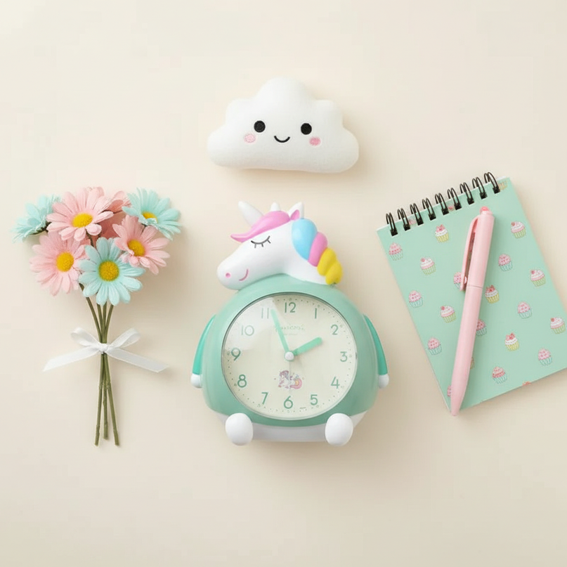 unicorn alarm clock for girls - flat-lay