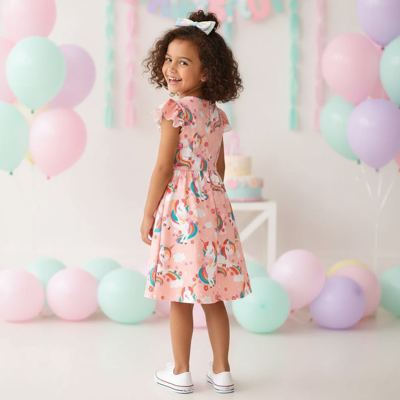 unicorn and dino print dress - back