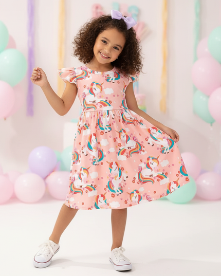unicorn and dino print dress - front