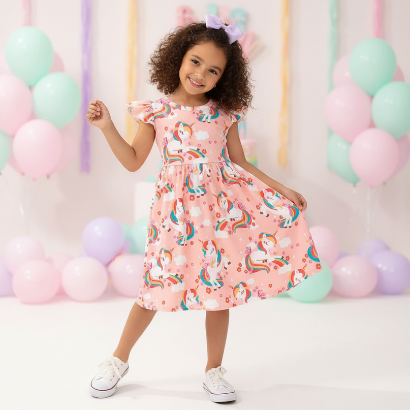 unicorn and dino print dress - front