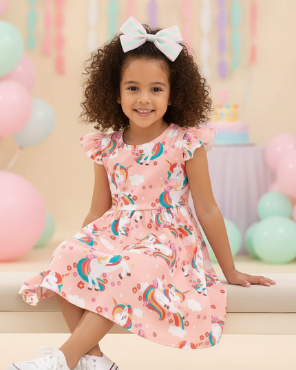 unicorn and dino print dress - sitting