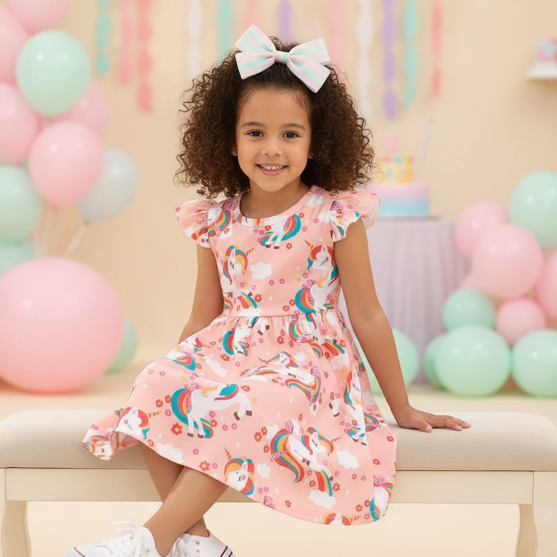 unicorn and dino print dress - sitting